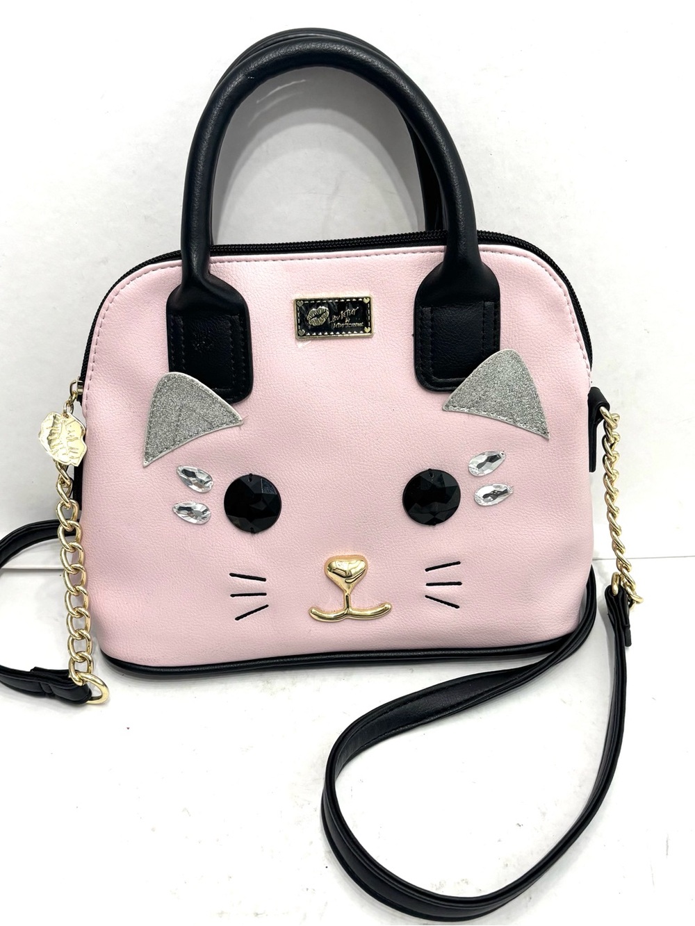 Betsey Johnson Pink and Black Cat Face Crossbody Satchel